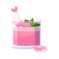 Cute romantic Valentines day pink shot whiskey cocktail. Holiday alcohol drink vector illustration isolated on white background. Royalty Free Stock Photo