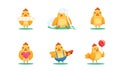 Cute Rooster Character Different Activities Set, Funny Chicken Bird Celebrating Sleeping, Skateboarding, Walking with