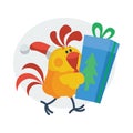 Cute Rooster with Gift Cartoon Flat Vector Icon