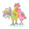 Cute rooster and hen sticker Royalty Free Stock Photo