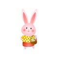 Cute rosy easter bunny with basket of eggs isolated on white background