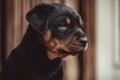 Cute rottweiler puppy overcame with great interest on the last.