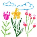 Cute rough kid's drawing flowers illustration drawn with color wax crayons. Vector illustration Royalty Free Stock Photo