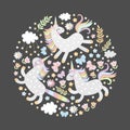 Cute round composition with magic unicorns, butterflies, clouds, flowers and leaves. Vector illustration for print on t-shirts