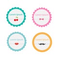 Cute round tag label set with dash line, cherry, bow, lips, mustache in flat design style. Template.