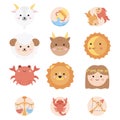 Cute round zodiac signs vector illustration set