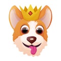 Cute royal corgi head with crown , adorable pet in cartoon style isolated on white background. Comic emotional character