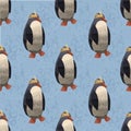 Cute royal penguin on a blue background with patterns. Digital art Royalty Free Stock Photo