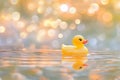 Cute Rubber Duck Swimming in a Puddle. Royalty Free Stock Photo