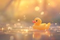 Cute Rubber Duck Swimming in a Puddle. Royalty Free Stock Photo