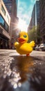 A cute rubber yellow duck in the street generative AI Royalty Free Stock Photo