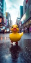 cute rubber yellow duck in the wet street generative AI Royalty Free Stock Photo