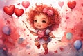 Cute running baby girl with recurve bow of love and pink roses flowers in curly hair