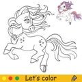 Cute running unicorn with long mane coloring vector Royalty Free Stock Photo