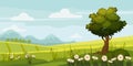 Cute rural landscape tree, field, daisy flowers, cartoon style, vector, illustration, isolated Royalty Free Stock Photo