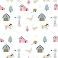 Cute rural scene with barn, trees, funny animals, plants