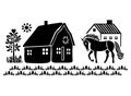 Cute rustic barn motif in homestead vintage style. Vector illustration of whimsical rural country house with horse. Royalty Free Stock Photo