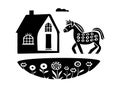 Cute rustic barn motif in homestead vintage style. Vector illustration of whimsical rural country house with horse. Royalty Free Stock Photo