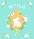 Cute rustic hand drawn Easter card with wreath of spring flowers, egg, bunny and hand written text Happy Easter Royalty Free Stock Photo