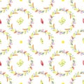Cute rustic hand drawn Easter seamless pattern with wreath of spring flowers Royalty Free Stock Photo