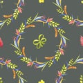 Cute rustic hand drawn Easter seamless pattern with wreath of spring flowers Royalty Free Stock Photo