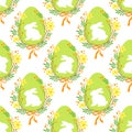 Cute rustic hand drawn Easter seamless pattern with wreath of spring flowers, egg and bunny Royalty Free Stock Photo