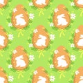Cute rustic hand drawn Easter seamless pattern with wreath of spring flowers, egg and bunny