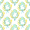 Cute rustic hand drawn Easter seamless pattern with wreath of spring flowers, egg and bunny