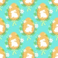 Cute rustic hand drawn Easter seamless pattern with wreath of spring flowers, egg and bunny Royalty Free Stock Photo