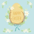 Cute rustic hand drawn Easter wreath of spring flowers and egg with hand written text Happy Easter Royalty Free Stock Photo