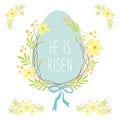 Cute rustic hand drawn Easter wreath of spring flowers and egg with hand written text Happy Easter Royalty Free Stock Photo