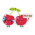 Cute sad sick cherry asks for help character. Vector hand drawn cartoon kawaii character illustration icon. Isolated on Royalty Free Stock Photo