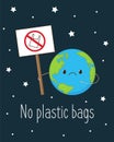 Cute sad Earth holding sign no plastic bag Royalty Free Stock Photo