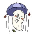 Cute sad ghost with an umbrella in the rain. Spooky Halloween hand drawn illustration.