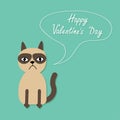 Cute sad grumpy siamese cat and speech bubble in flat design style Happy Valentines day card Royalty Free Stock Photo