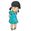 Cute sad guilty little girl in blue dress. Cartoon