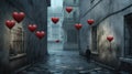 a cute sad inspired love artwork with a lonely man in a dark street with a lot of heart balloons, ai generated image Royalty Free Stock Photo