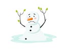 Cute sad melting snowman isolated on white background