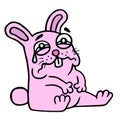 Cute sad pink rabbit in tears is sitting. Vector illustration.