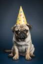 Cute sad Pug Puppy Wearing Party Hat for Festive Birthday Celebration with Copy Space Royalty Free Stock Photo