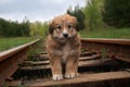 Cute sad small puppy on railway. Outdoors photo.