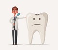 Cute sad unhealthy tooth. Vector cartoon illustration. Funny characters