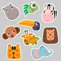 Cute Safari Animal Faces in flat style isolated vector illustration. Decorative safari collection. Cartoon childish Royalty Free Stock Photo