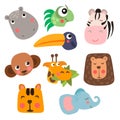 Cute Safari Animal Faces in flat style isolated vector illustration. Decorative safari collection. Cartoon childish Royalty Free Stock Photo