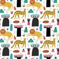 Cute safari animals and baobab trees seamless pattern. Hand drawn cartoon illustration Royalty Free Stock Photo