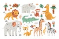 Cute safari elements. Funny exotic animals, plants and leaves, kids jungle characters, trees and palms, childish