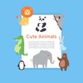 Cute safari and jungle animals lion, panda bear, elephant and crocodile for kids, baby poster vector illustration.