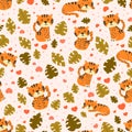 Cute safari pattern with cyte tiger character in different poses, ornament for bedding, textile or wrapping paper