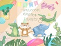 Cute safari watercolor cartoon animals border with cloud shaped copy space for kids party invitation card template