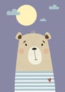 Cute sailor bear in striped vest. Vector illustration. animal poster for kids collection, postcards, design, print